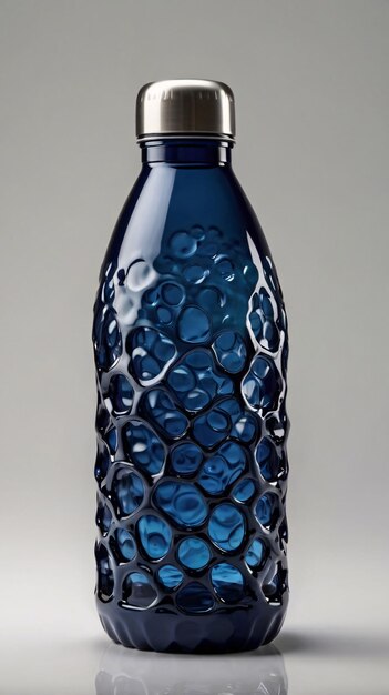 a blue bottle with bubbles in it is shown