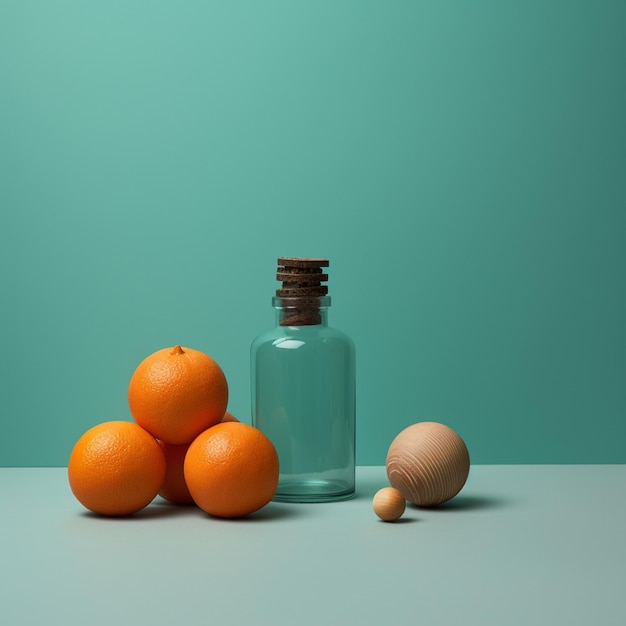 A blue bottle with oranges on it next to a wooden spoon.