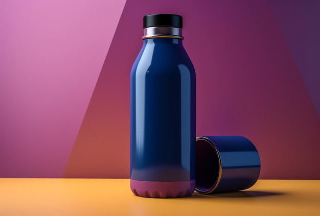 A blue bottle with a purple label that says " the word " on it.