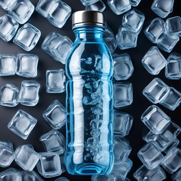 a blue bottle with a silver cap and a black background