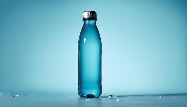 a blue bottle with a silver cap is sitting on a table