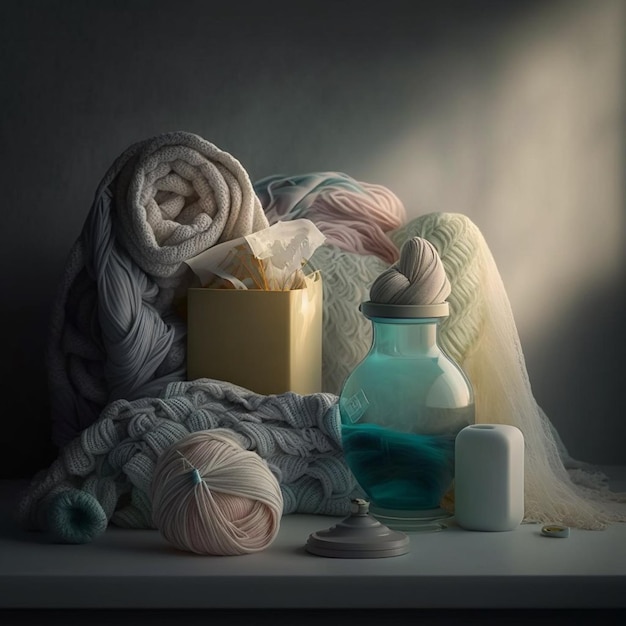 A blue bottle with a yellow box of tissues sits on a table.