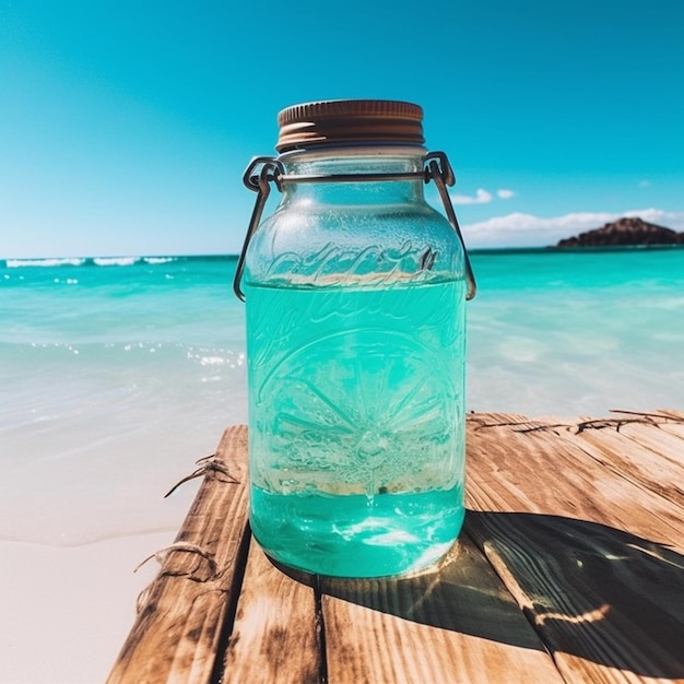 A blue bottle on a wooden table with a clear bottle that says aqua blue liquid on it.