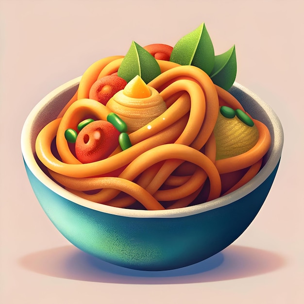 A blue bowl filled with orange noodles tomatoes and green leaves