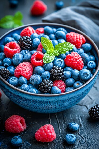 Blue bowl filled with red and blue raspberries