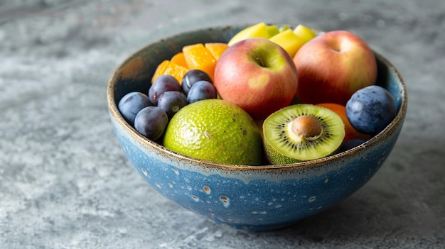 a blue bowl of fruit including kiwi kiwi and kiwi