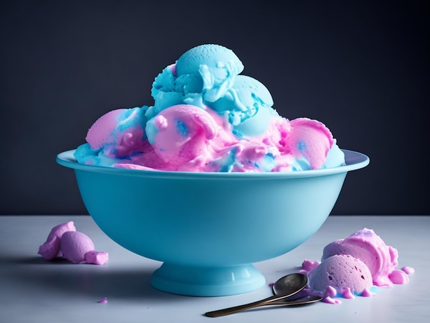 A blue bowl of pink and blue ice cream with two spoons on the side.