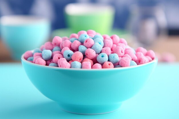 Blue bowl with cereal on table