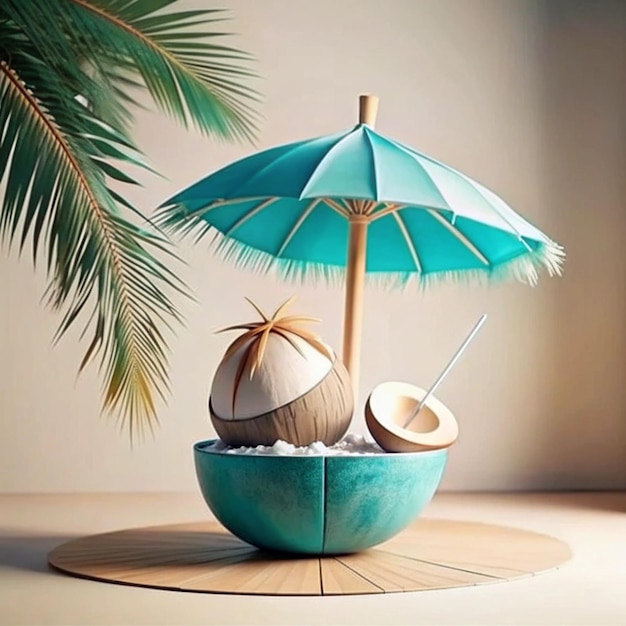 Photo a blue bowl with coconuts and a blue umbrella on a table