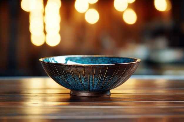 Blue Bowl on Wooden Table