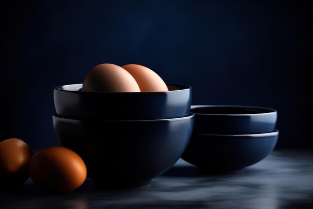 Blue bowls with two eggs kitchen still life generative AI