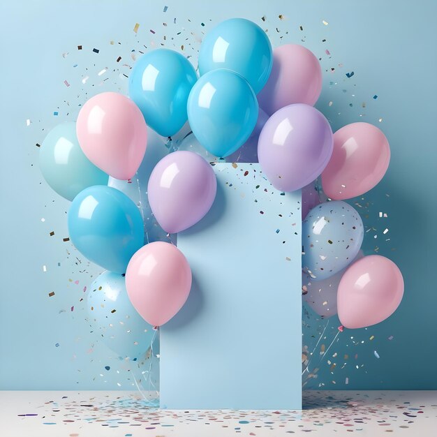 a blue box with balloons and confetti on it