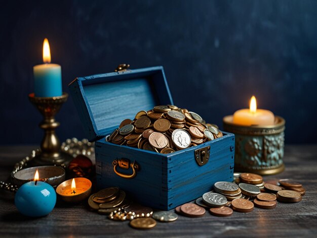 a blue box with a bunch of coins and a blue box with a lit candle in it