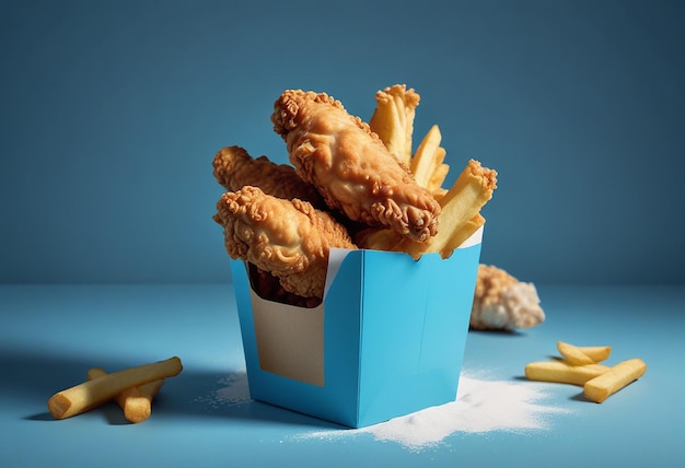 Photo a blue box with a fried chicken and fries