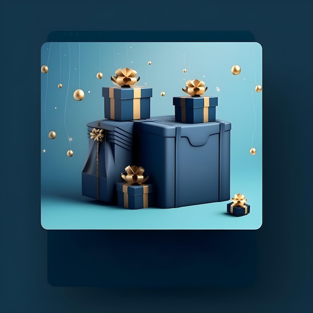 A blue box with gold and blue bows is on a blue background.