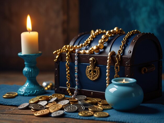 a blue box with gold coins and a candle on it