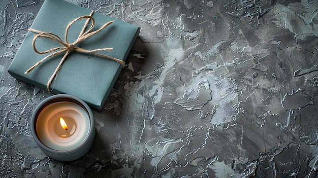 A blue box with a ribbon tied around it sits on a grey surface