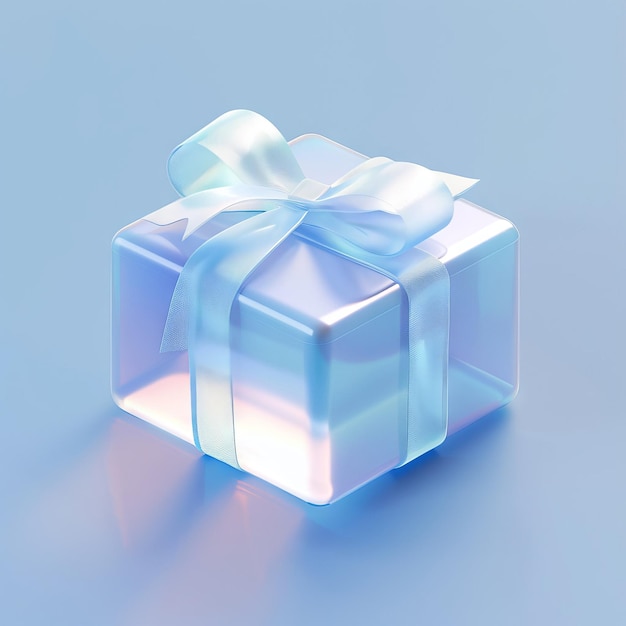 a blue box with a white ribbon tied around it