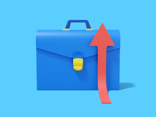 Blue briefcase with rising red arrow on blue background Front view Portfolio icon 3D rendering