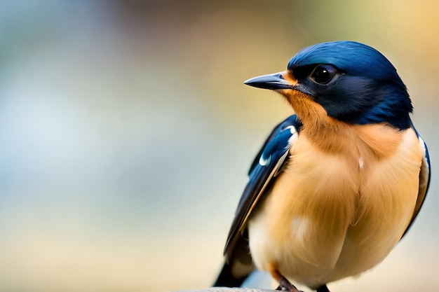 A blue and brown bird with a black beak and orange markings on its head.