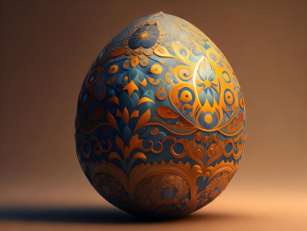 A blue and brown egg with a floral design on it.