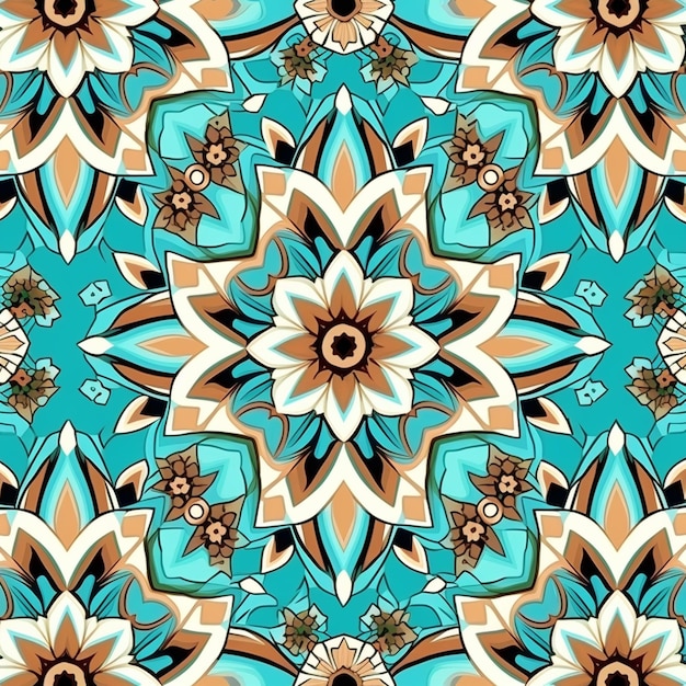 a blue and brown floral pattern with a flower on it generative ai