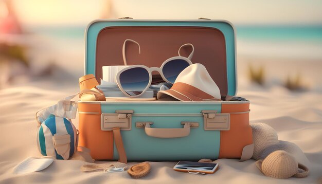 a blue and brown suitcase with sunglasses and sunglasses on it