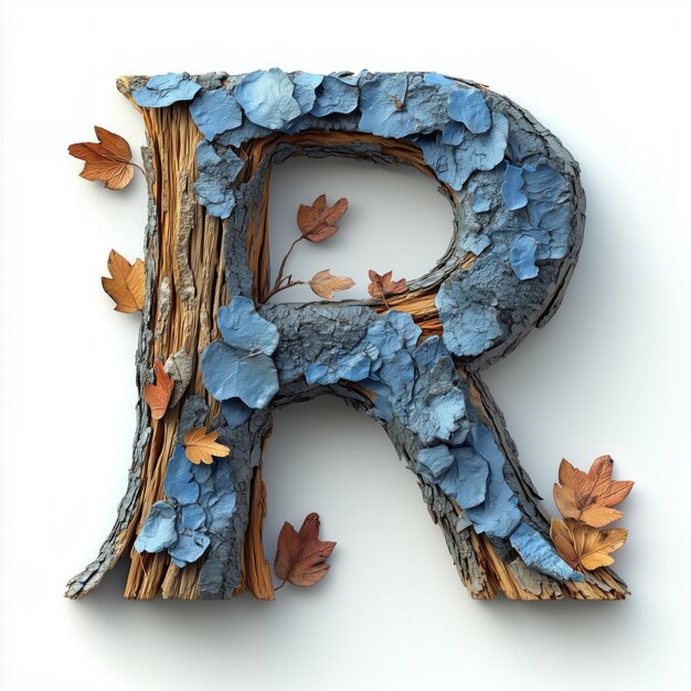 Blue and Brown Tree Bark Letter R with Autumn Leaves