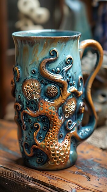 a blue and brown vase with a gold octopus on the bottom