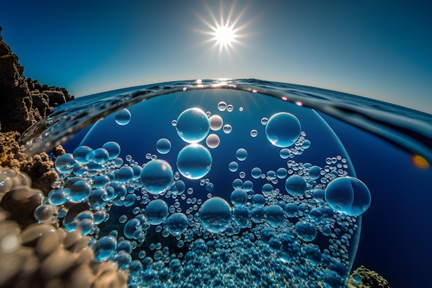 Blue bubbles in the water with the sun shining on them