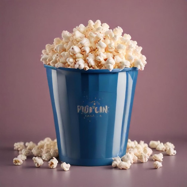 Photo a blue bucket of popcorn sitting on a table with a purple background