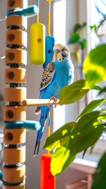 Photo blue budgerigar perched on a colorful bird playground vibrant toys and natural light create a cheerful environment parrot with toys concept of pet entertainment care good maintenance and toys