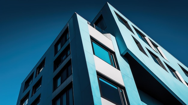 A blue building with a blue facade and the word the word on the front