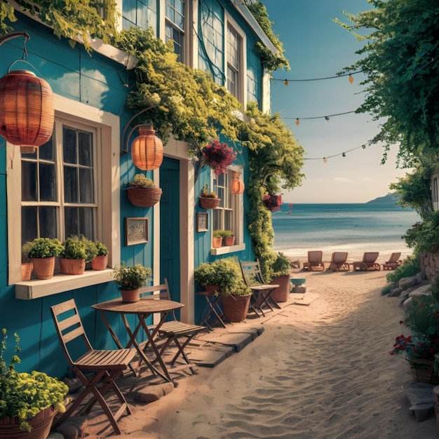 A blue building with chairs and tables on a sandy path by the ocean