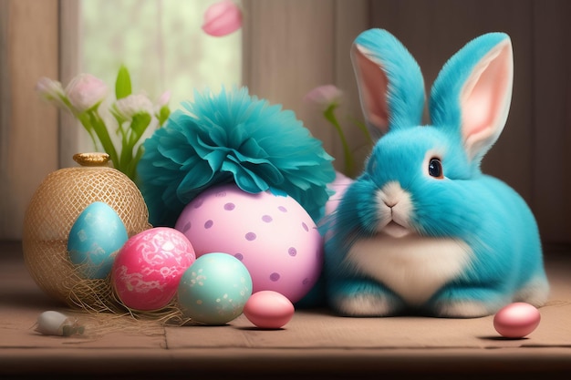 A blue bunny sits next to a bunch of easter eggs.