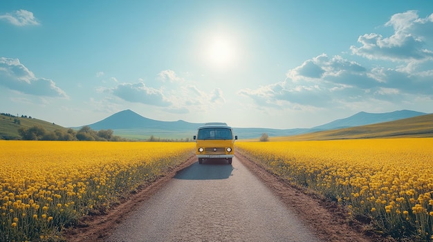 Photo blue bus driving through countryside road surrounded by yellow flowers