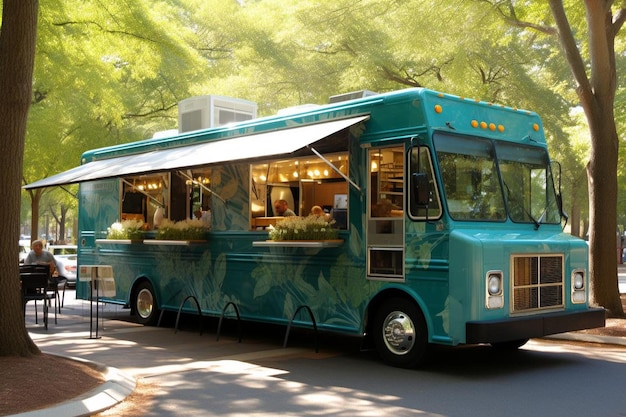 a blue bus with a planter on the side and the word cafe on the side