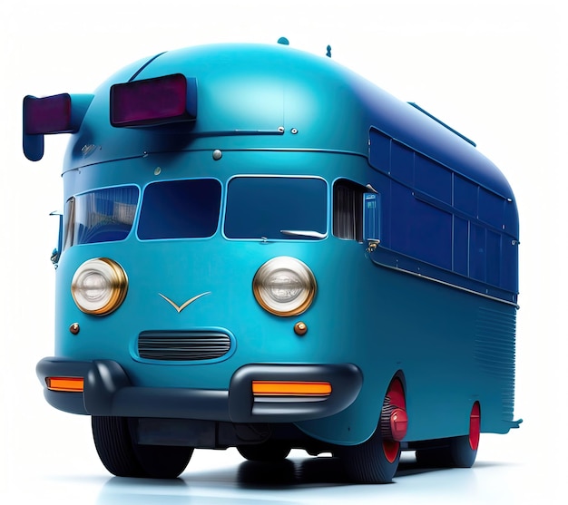 A blue bus with a red stripe and a blue tail