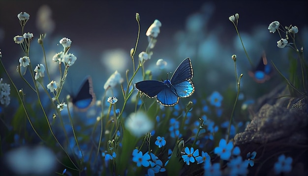 Blue butterflies in a field of flowers