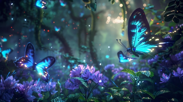 Blue butterflies with glowing wings dance among purple flowers in a mystical forest