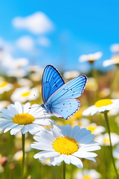 Blue Butterfly on daisy flower close up on bright sunny day in nature