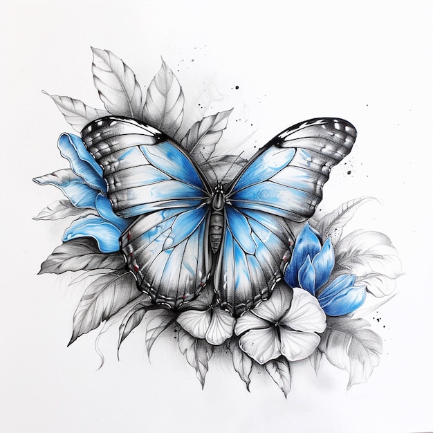 Photo blue butterfly insect isolated pencil drawing on white paper artwork