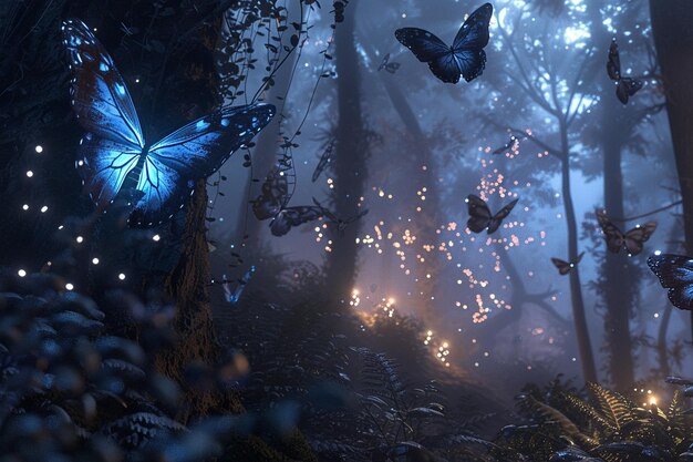 a blue butterfly is in the fog in the forest