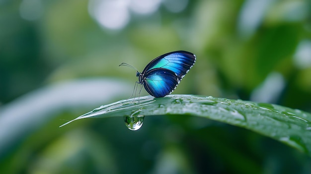 a blue butterfly is on a green leaf with water drops