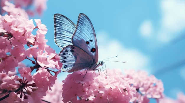 Blue butterfly is resting on pink flower