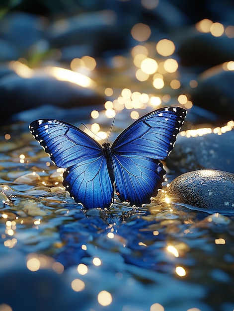 a blue butterfly is on a water with some rocks in the background