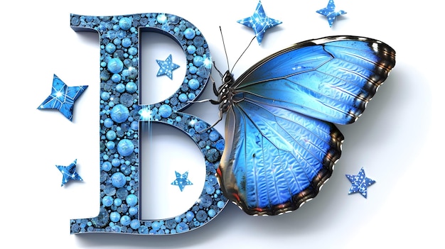 Photo blue butterfly and letter b with stars