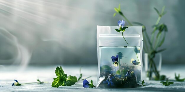 Photo blue butterfly pea flower tea bag against a light backdrop concept nature tea floral photography aesthetics