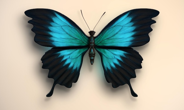 Blue butterfly, realistic illustration of the Morpho Didius butterfly, with black and bright blue