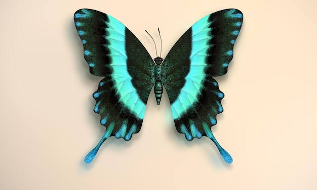 Blue butterfly, realistic illustration of the Morpho Didius butterfly, with black and bright blue